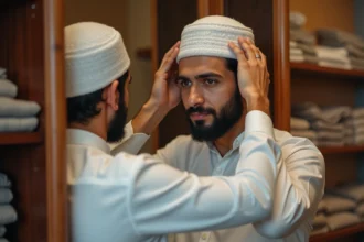 Homme portant un kufi blanc brodé qui ajuste son chapeau devant un miroir dans une boutique de vêtements islamiques
