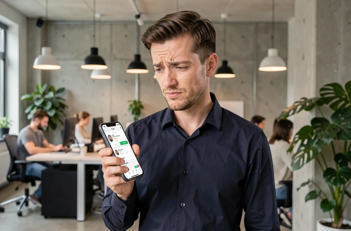 Homme lisant des avis suspects sur une application mobile dans un espace de coworking moderne