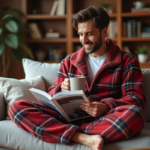 Homme en piloupilou lounge cosy dans un salon moderne