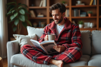 Homme en piloupilou lounge cosy dans un salon moderne