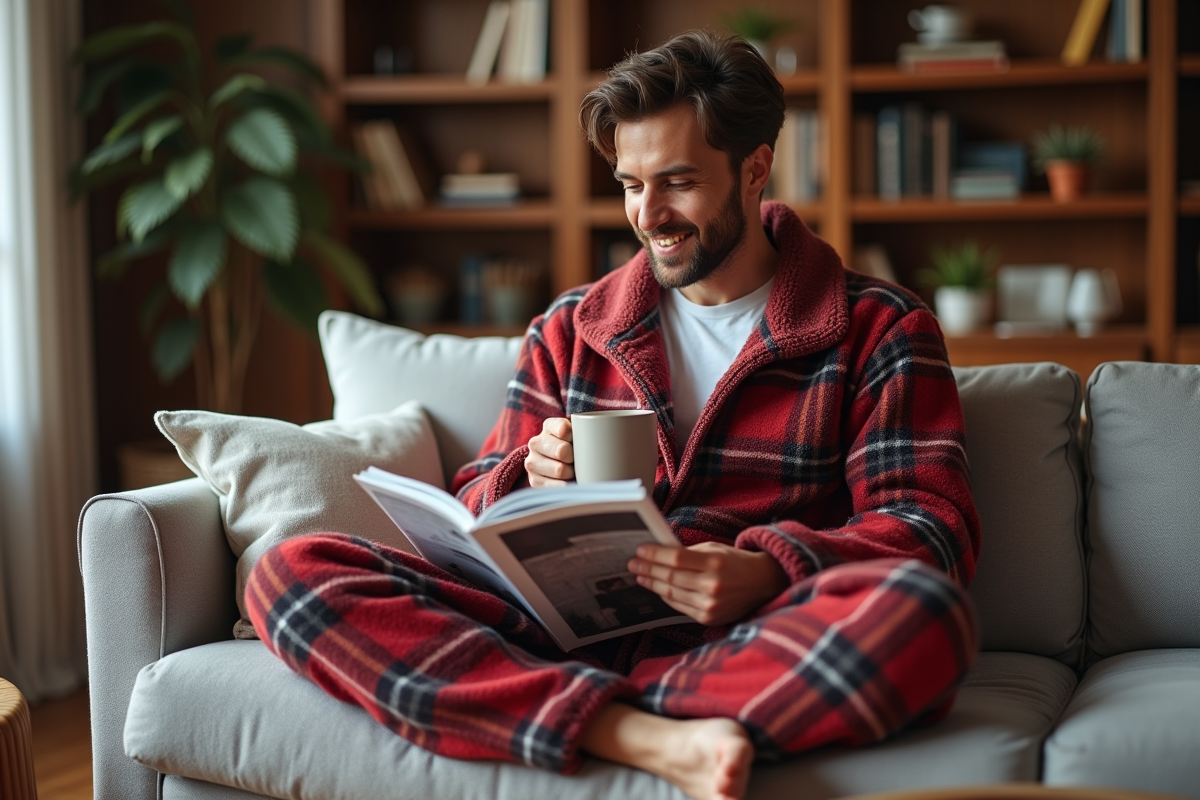 Homme en piloupilou lounge cosy dans un salon moderne