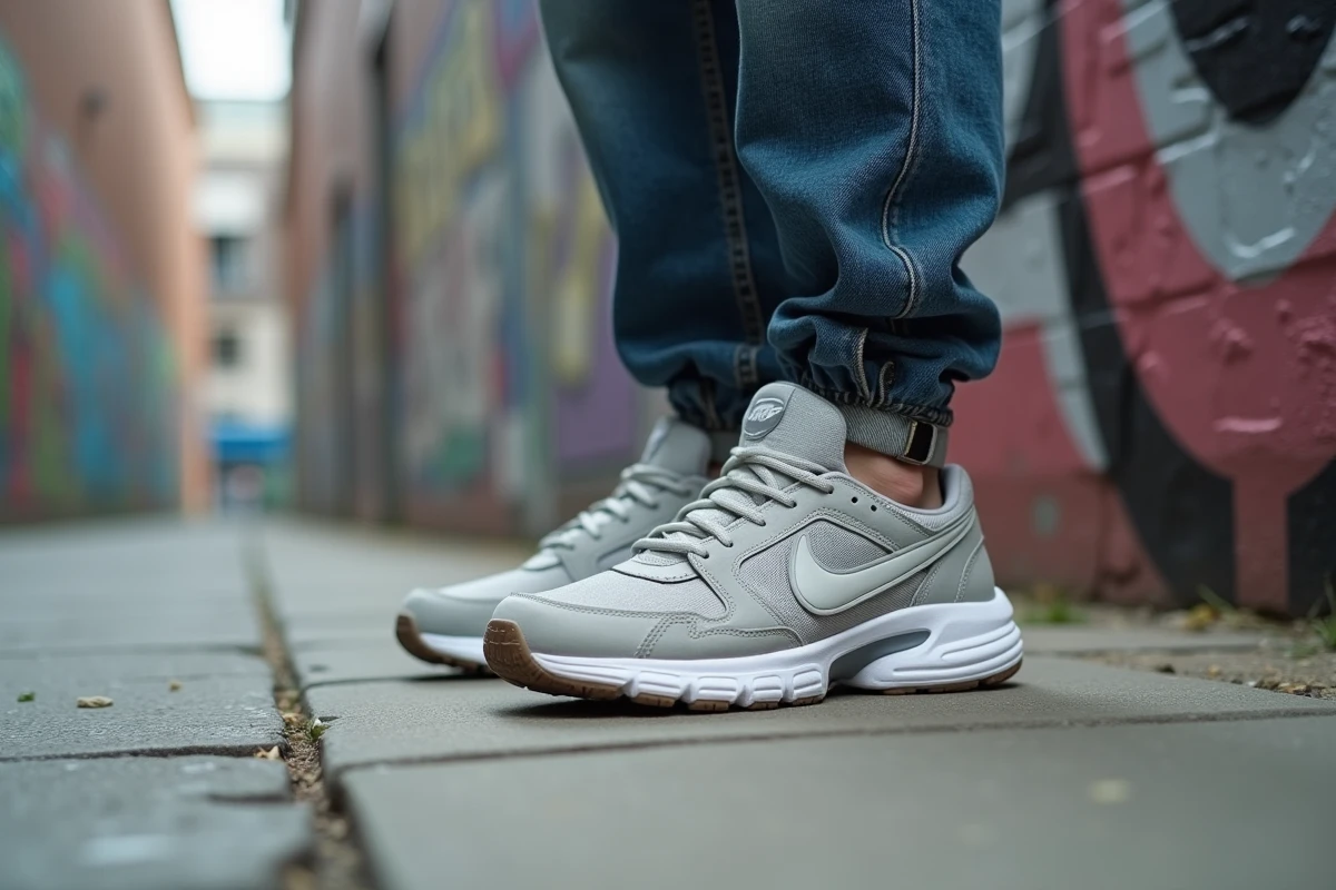 Homme portant de vieilles Nike running aux semelles épaisses dépassées sur un trottoir urbain, exemple d'un modèle de sneakers qui n'est plus à la mode