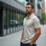 Homme en polo élégant dans un décor urbain moderne