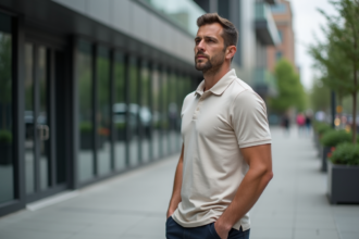 Homme en polo élégant dans un décor urbain moderne