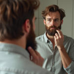 Homme se regardant dans le miroir en se touchant la barbe