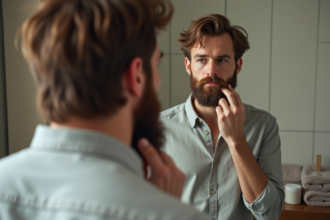 Homme se regardant dans le miroir en se touchant la barbe