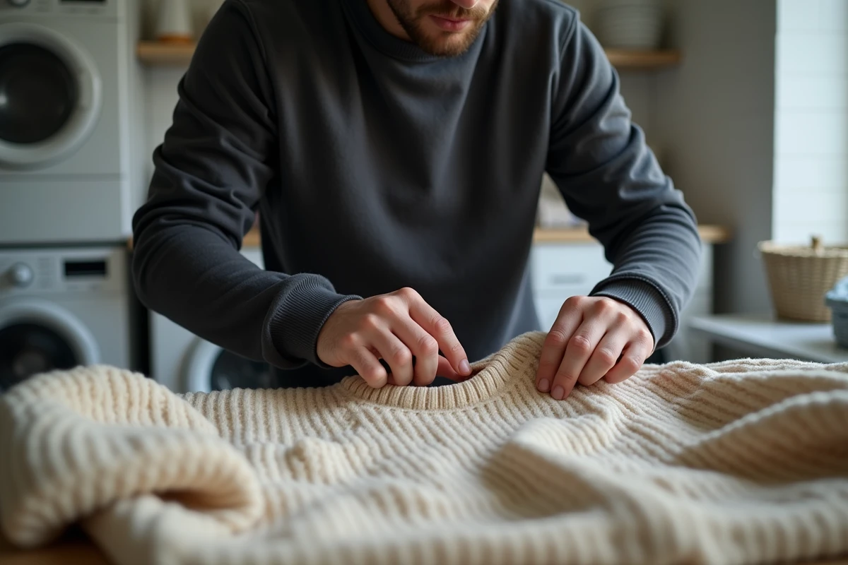 Jeune homme retirant une etiquette de securite d’un pull beige