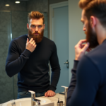 Homme en salle de bain se regardant dans le miroir