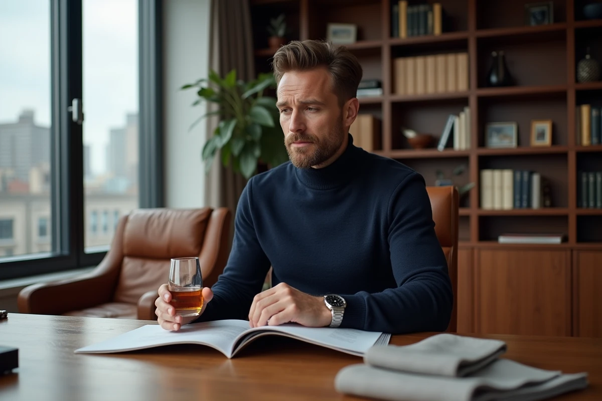 Homme raffiné en pull col roulé consultant un catalogue d'abonnement masculin haut de gamme dans un bureau contemporain