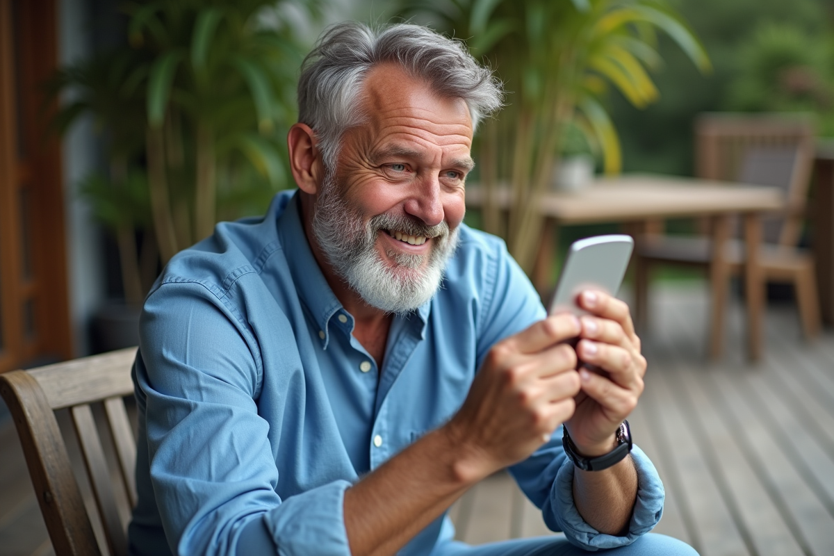 Homme d age moyen examinant sa barbe sur une terrasse en bois