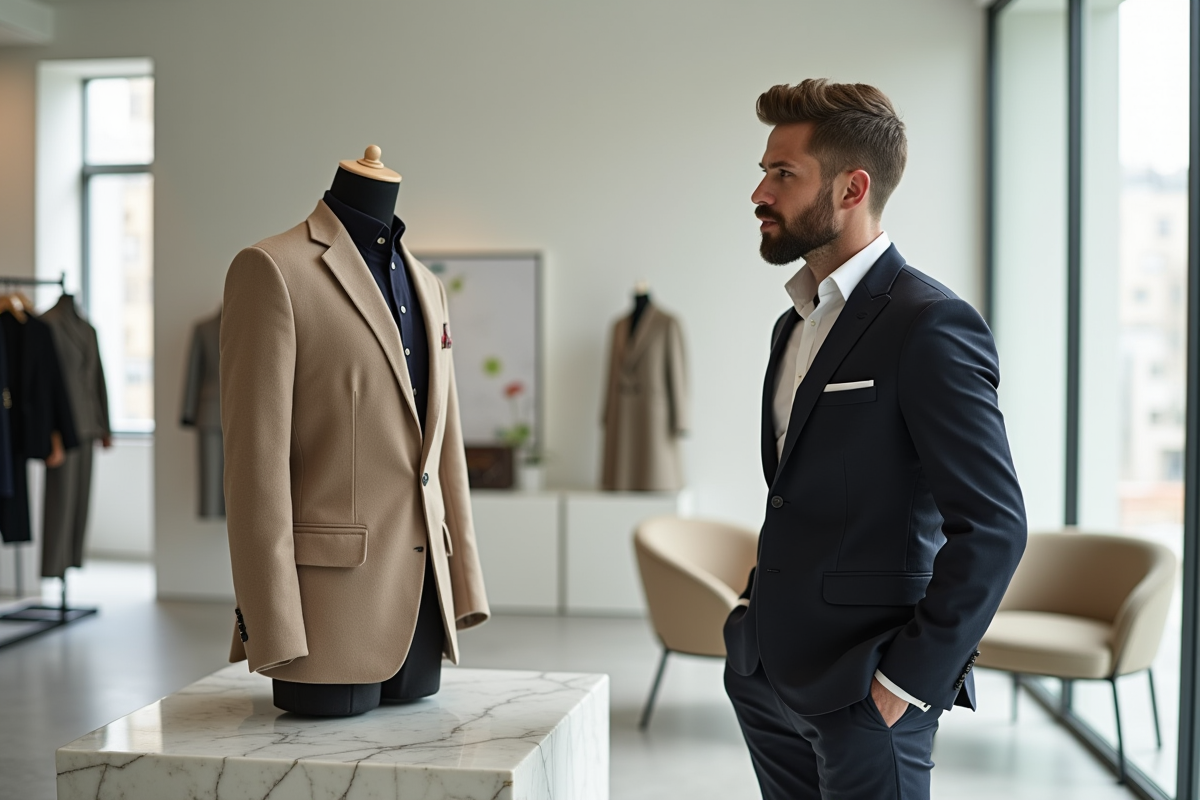 Homme bien habille regarde une veste de luxe sur un socle en marbre