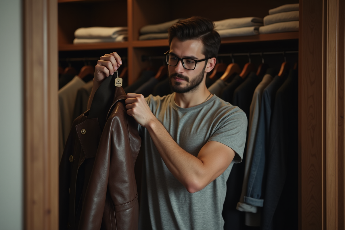Jeune homme examinant une veste en cuir dans son dressing
