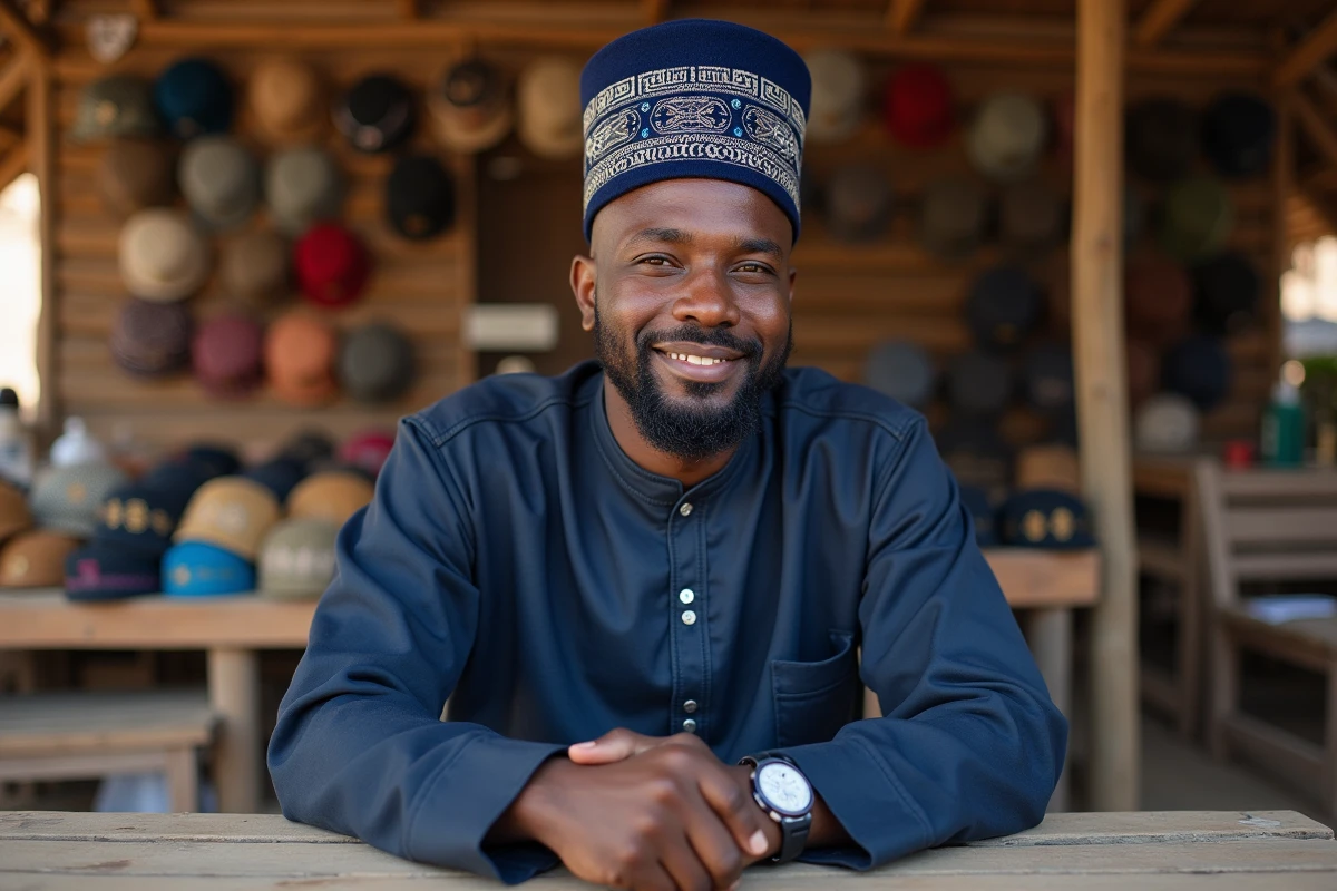 Homme africain avec un visage rond portant un taqiyah bleu marine structuré dans un marché de chapeaux musulmans