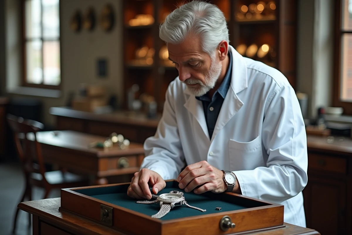 Horloger expérimenté inspectant une montre en platine sertie de diamants dans un atelier d'horlogerie de luxe