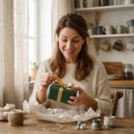 Femme souriante qui déballe un cadeau élégant sur une table en bois dans une cuisine cosy
