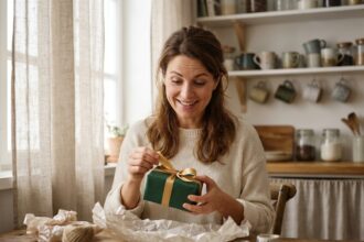 Femme souriante qui déballe un cadeau élégant sur une table en bois dans une cuisine cosy
