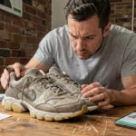 Homme inspectant une paire de Nike Shox Supreme d'occasion sur une table en bois, vérifiant l'usure des semelles et l'état du cuir avant un achat
