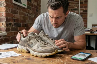Homme inspectant une paire de Nike Shox Supreme d'occasion sur une table en bois, vérifiant l'usure des semelles et l'état du cuir avant un achat