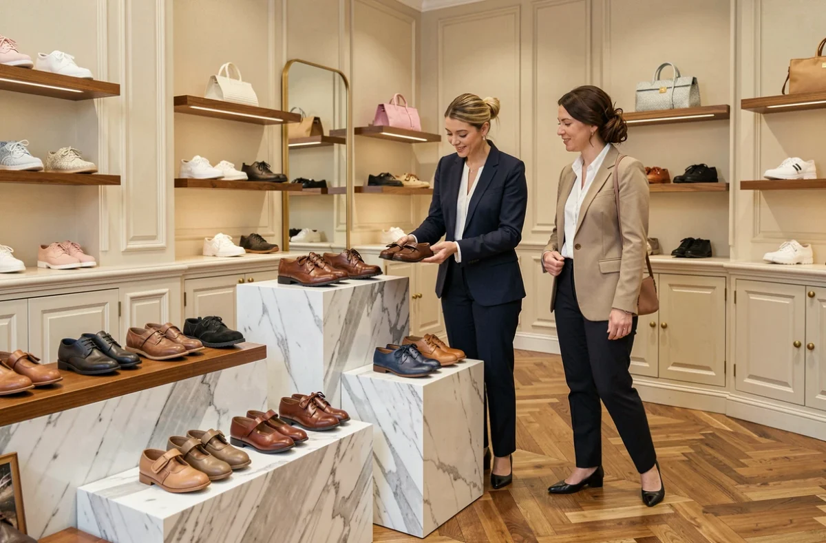 Intérieur élégant d'une boutique Jacadi avec une vendeuse en blazer marine présentant des chaussures en cuir pour enfants à une cliente dans un cadre raffiné