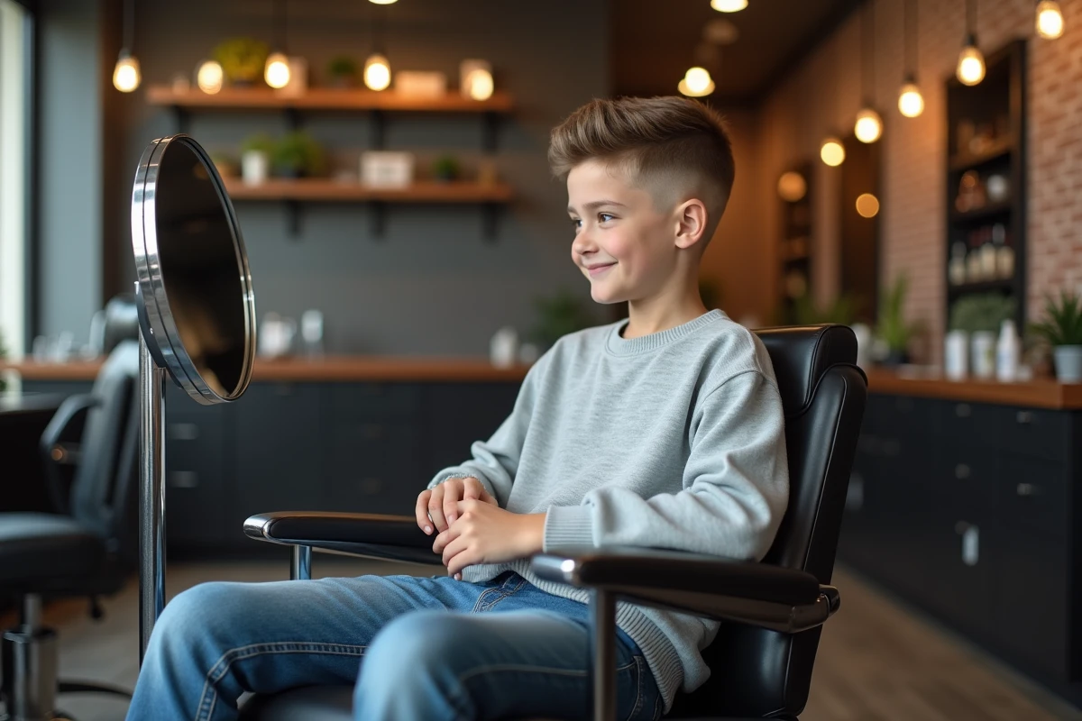 Adolescent regardant sa coupe de cheveux dans un miroir