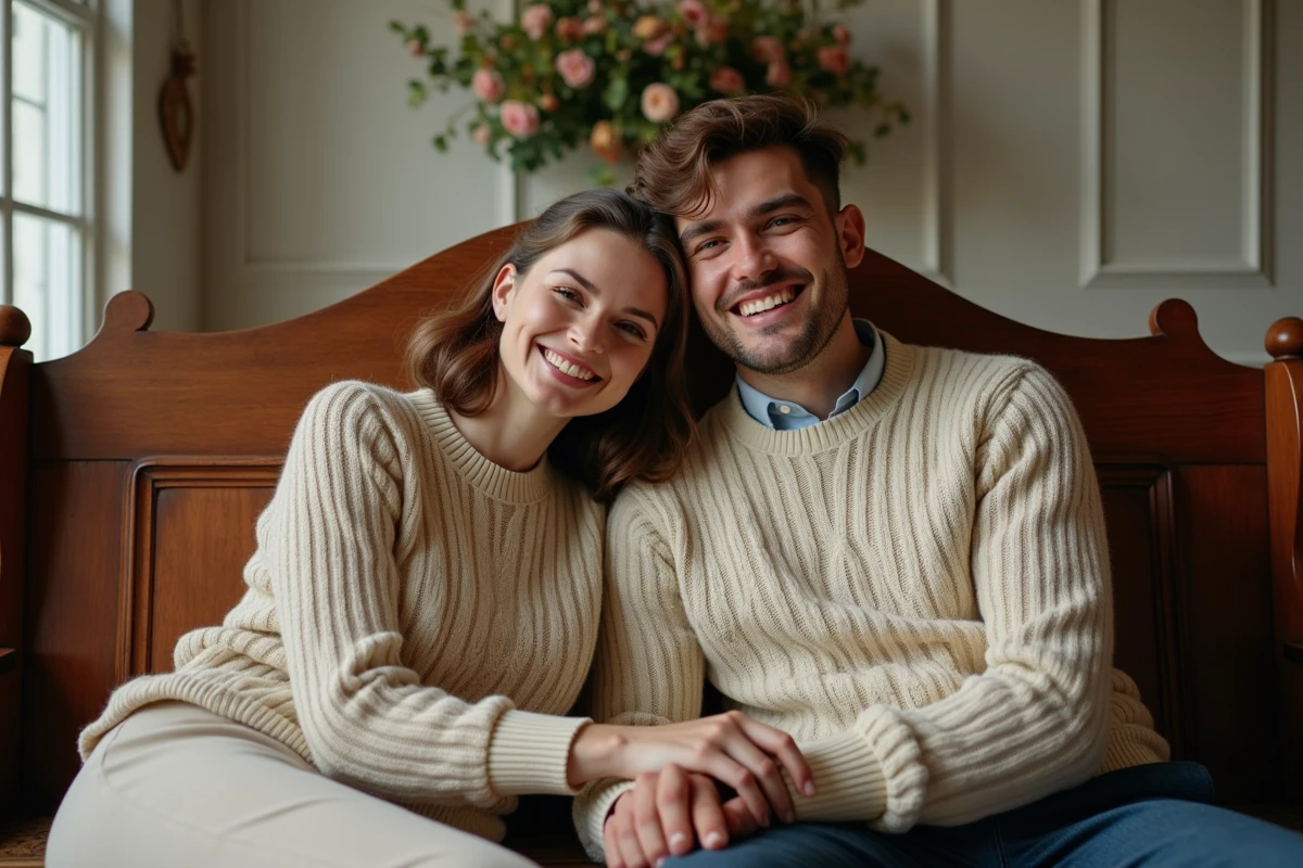 Couple de jeunes mariés assis sur un banc intérieur