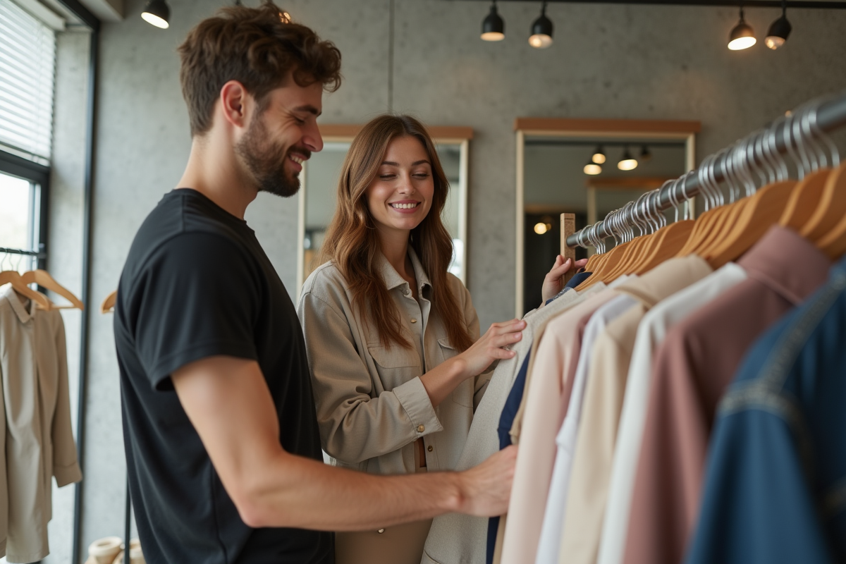Jeune homme et femme choisissant des vêtements dans une boutique chic