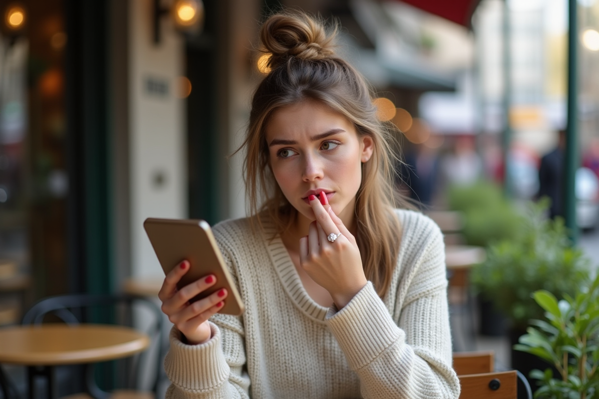 Jeune femme regardant ses lèvres au café en extérieur