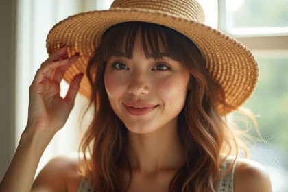 Jeune femme ajustant son chapeau de paille sous une lumière naturelle