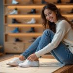 Jeune femme assise dans un magasin de chaussures en train d'essayer une paire