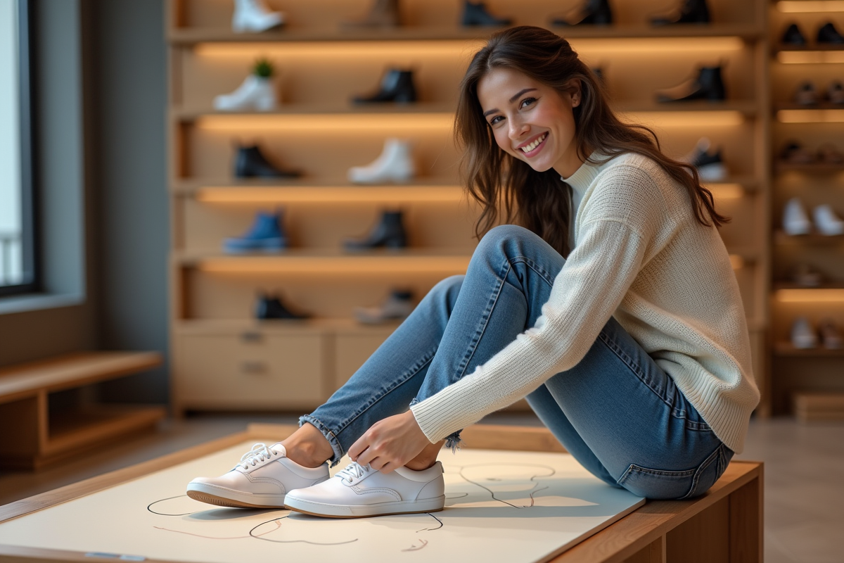 Jeune femme assise dans un magasin de chaussures en train d'essayer une paire