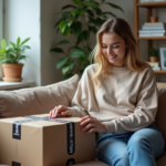 Jeune femme examine un colis ASOS dans un salon moderne