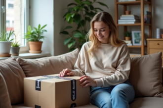 Jeune femme examine un colis ASOS dans un salon moderne