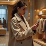 Jeune femme élégante examine une étiquette de prix dans une boutique de luxe