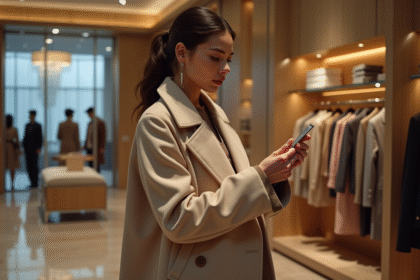 Jeune femme élégante examine une étiquette de prix dans une boutique de luxe