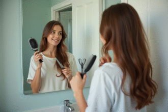 Jeune femme regardant dans le miroir avec des ciseaux et brosse à cheveux