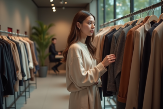 Jeune femme élégante dans une boutique de mode sophistiquée