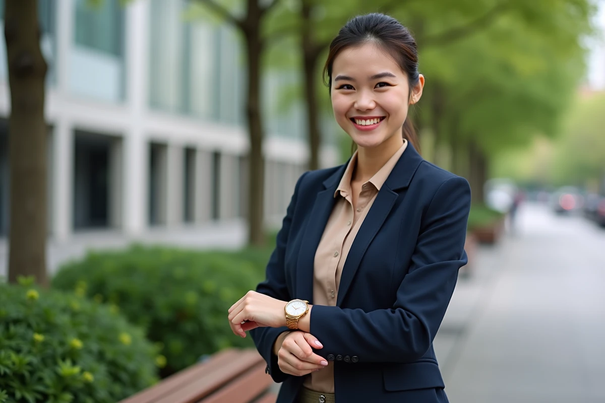 Jeune femme ajustant une montre en or dans un parc urbain