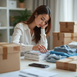 Jeune femme organisant des vetements sur un bureau lumineux