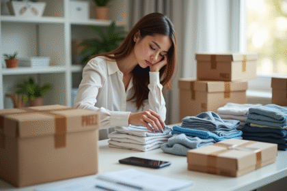 Jeune femme organisant des vetements sur un bureau lumineux