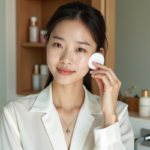 Jeune femme asiatique appliquant un soin visage dans la salle de bain
