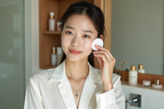 Jeune femme asiatique appliquant un soin visage dans la salle de bain