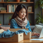 Jeune femme en denim et foulard dans appartement cosy