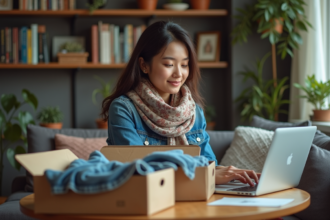 Jeune femme en denim et foulard dans appartement cosy