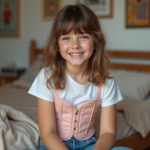 Jeune fille de 13 ans souriante en corset pastel dans sa chambre