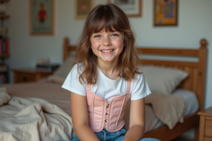 Jeune fille de 13 ans souriante en corset pastel dans sa chambre