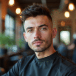 Jeune homme confiant avec coupe textured dans un barbershop lumineux