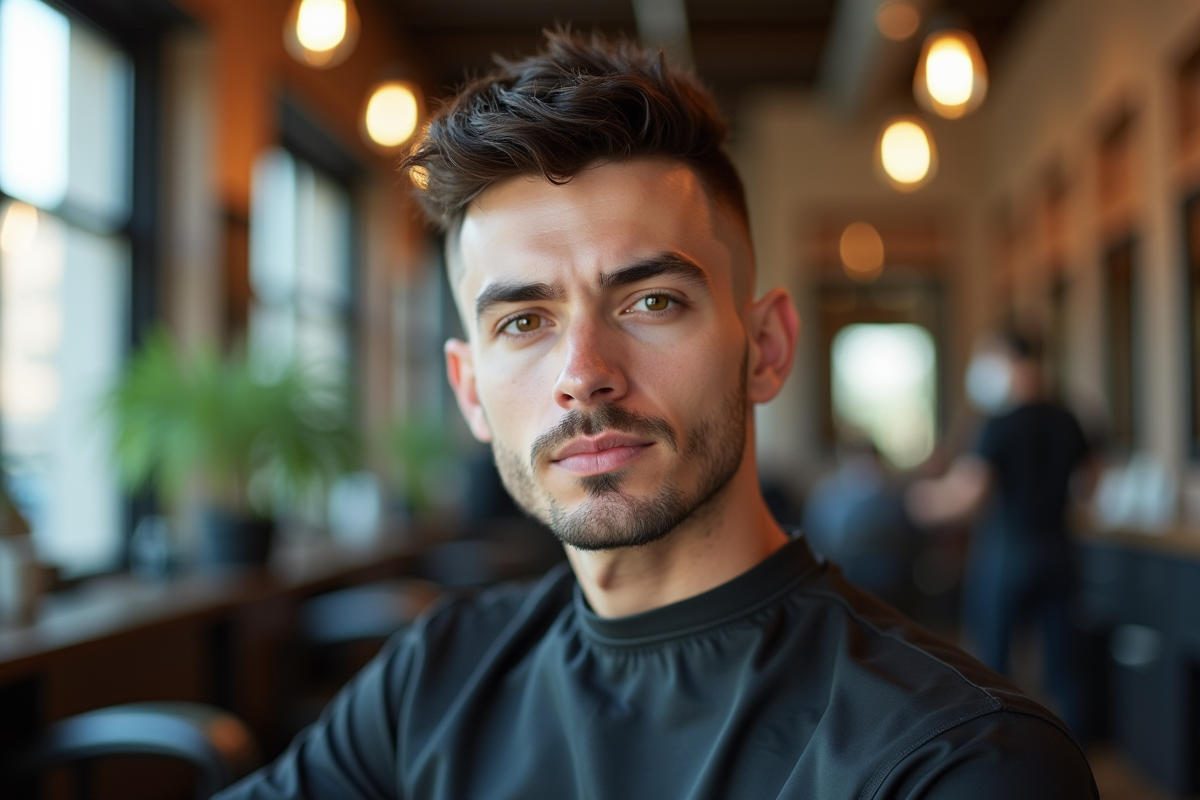 Jeune homme confiant avec coupe textured dans un barbershop lumineux