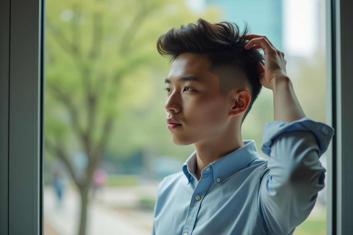 Jeune homme avec coupe texturée près d une fenêtre urbaine