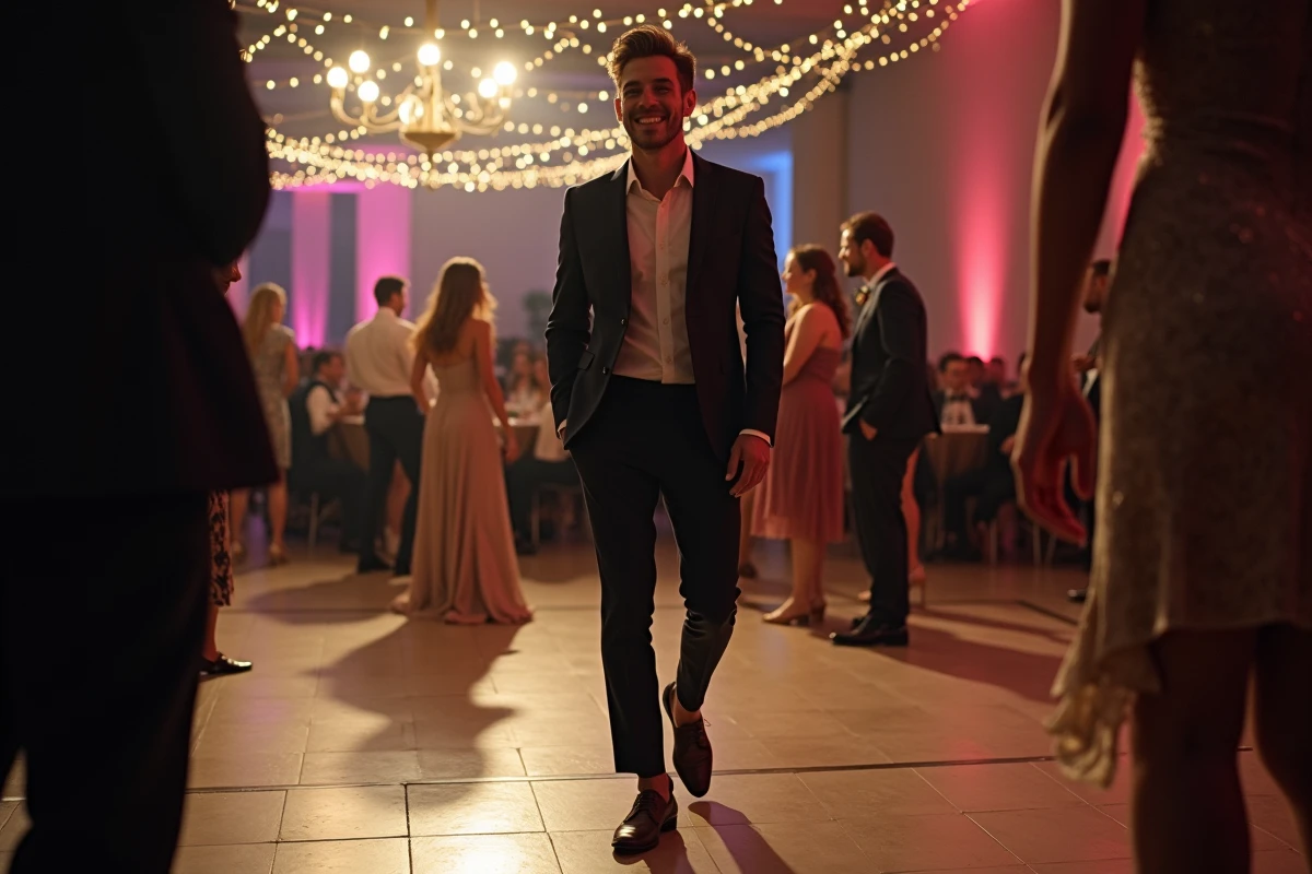 Jeune homme souriant avec amis sur la piste de danse