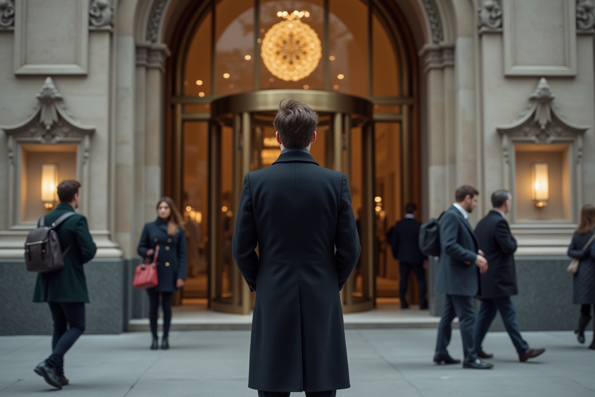 Jeune homme en manteau dans un grand magasin de luxe